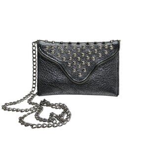 JJ Winters Renee Gunmetal Metallic Leather Chain Strap Studded Crossbody Purse